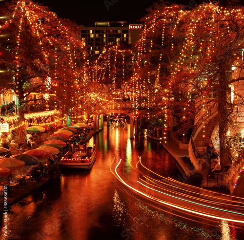 Christmas lights along Paseo del Rio (Riverwalk);  San Antonio, Texas photo