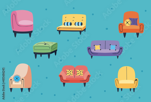 eight armchairs and sofas