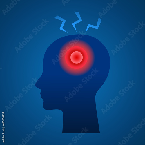 Silhouette human head with brain disease, headache, pain point, migraine. Medical concept vector illustration. Design for poster, print, background, landing page