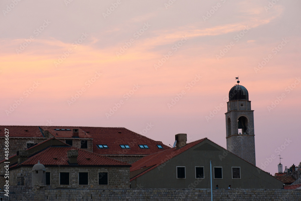 Dubrovnik City Bell Tower, aka the Clock Tower silhouetted at sunset, Dubrovnik, Croatia