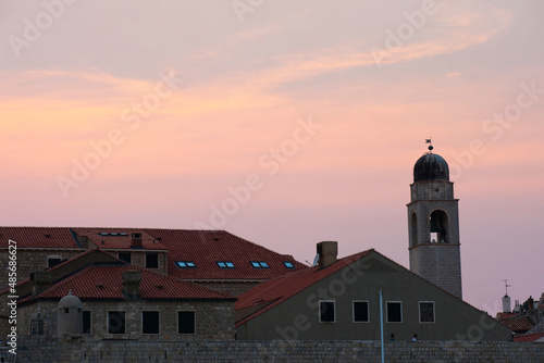 Dubrovnik City Bell Tower, aka the Clock Tower silhouetted at sunset, Dubrovnik, Croatia