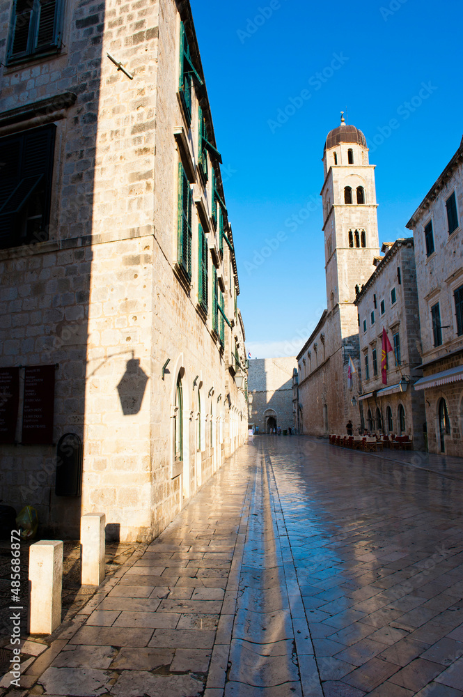 Stradun and the Franciscan Monastery in the early morning, Dubrovnik Old Town, Croatia
