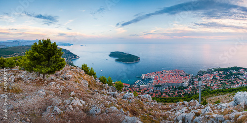 Fototapeta Naklejka Na Ścianę i Meble -  Panoramic Photo from Mount Srd of Dubrovnik Old Town and Lokrum Island at sunset, Dalmatian Coast, Croatia