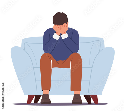 Anxious Man Sitting on Sofa Cover Face with Hands, Crying, Feel Frustrated. Depressed Businessman Suffer of Depression