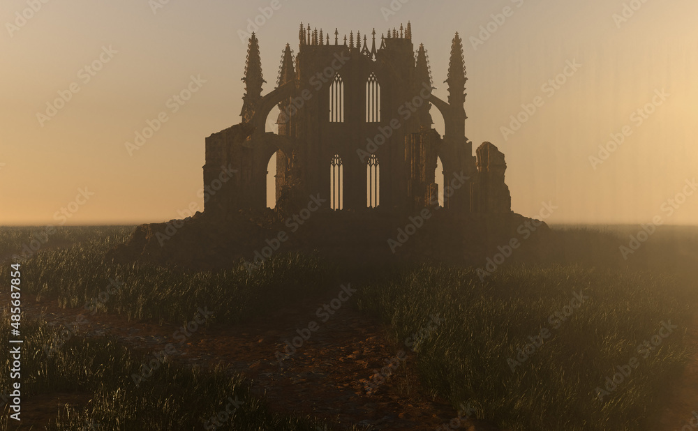 Ruined historic church in misty countryside at sunrise. 3D render.