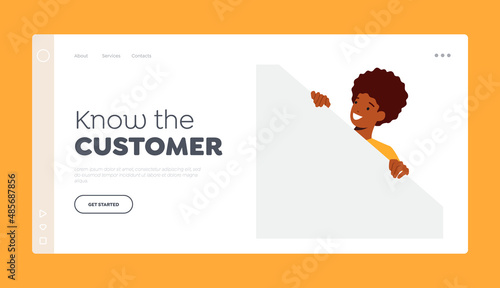 Know the Customer Landing Page Template. Smiling African Woman Spying. Happy Curious Person Peeking From Behind Wall