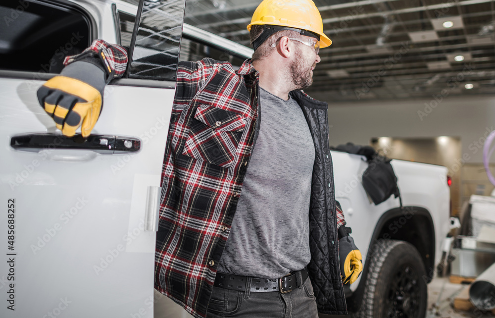 Construction Contractor Leaving His Pickup Truck on a Site Stock Photo ...