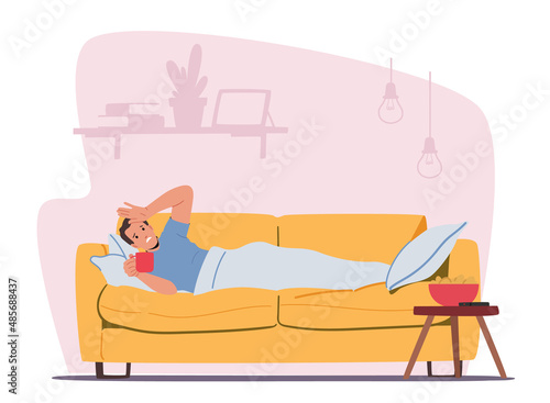 Character Caught Flu, Sickness Concept. Sick Man Got Cold, Diseased Sad Person Lying on Sofa Drinking Hot Beverage