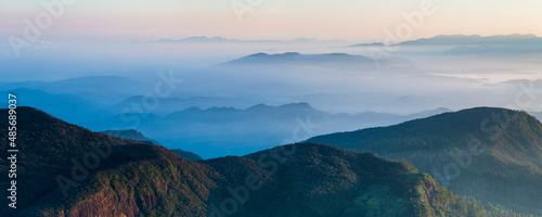 Adams Peak (Sri Pada) view at sunrise, mountains in the Central Highlands of Sri Lanka, Asia © Matthew