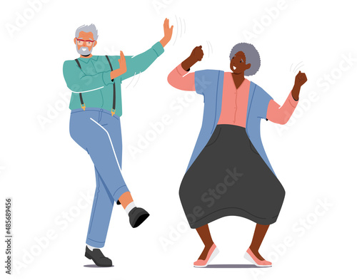 Active Old Man and Woman Dance Leisure. Cheerful Senior Pensioners in Fashioned Clothes Dancing and Relaxing