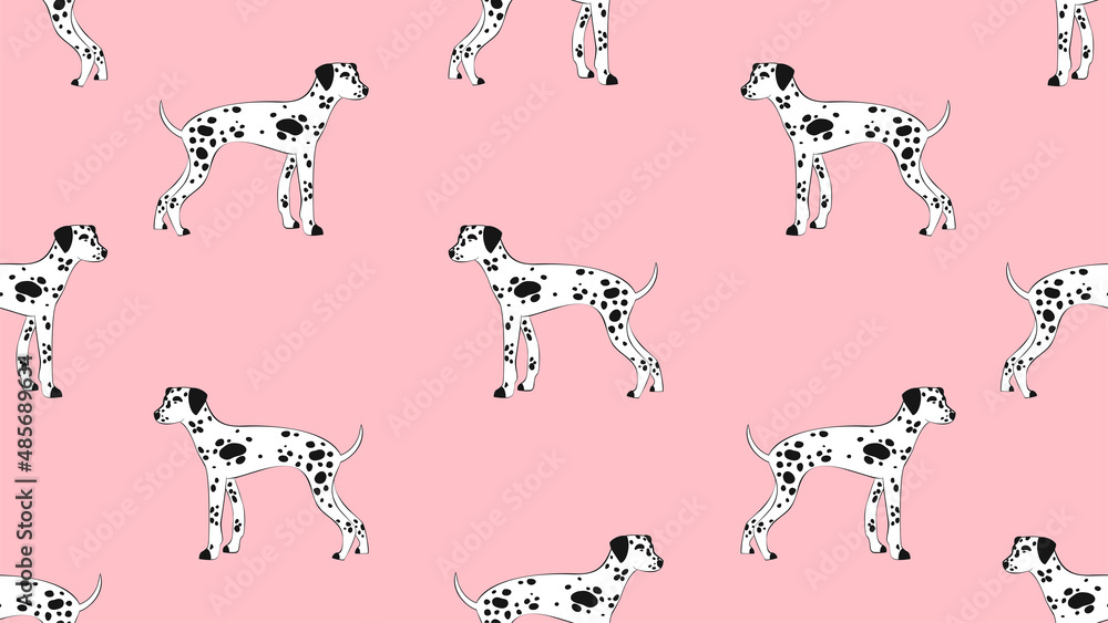 Fototapeta premium Vector seamless pattern with the cute dalmatians. Dog with spotted fur on pink background