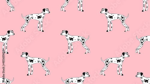 Vector seamless pattern with the cute dalmatians. Dog with spotted fur on pink background