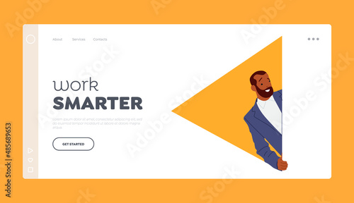 Work Smarter Landing Page Template. Happy Curious Man Peeking From Behind Wall with Yellow Rectangular Shape
