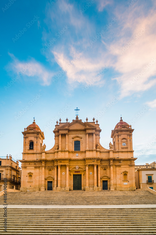 St Nicholas Cathedral (Noto Cathedral, Cattedrale di Noto) in Noto at sunrise, Sicily, Italy, Europe