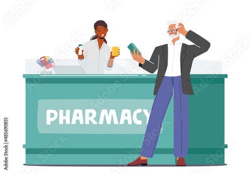 Senior Customer Purchase Medicament in Drugstore. Old Man Buy Drug at Pharmacy. Character Holding Medicine Package