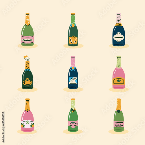 nine champagne drinks bottles