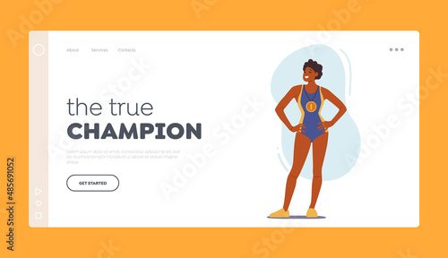 Sport Competition Winner Rewarding Concept for Landing Page Template. Woman Swimmer Character Wear Swim Suit