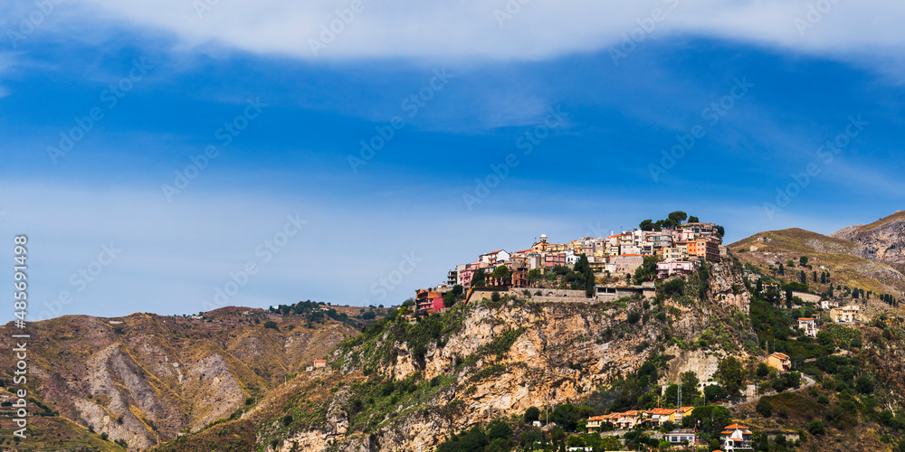 Castelmola, panoramic photo of the hill top village above Taormina, Sicily, Italy, Europe