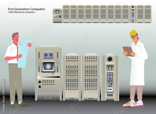 flat characters of engineers and technicians working on a vintage mainframe computer, atompunk vector illustration. Set of first 1950's computers