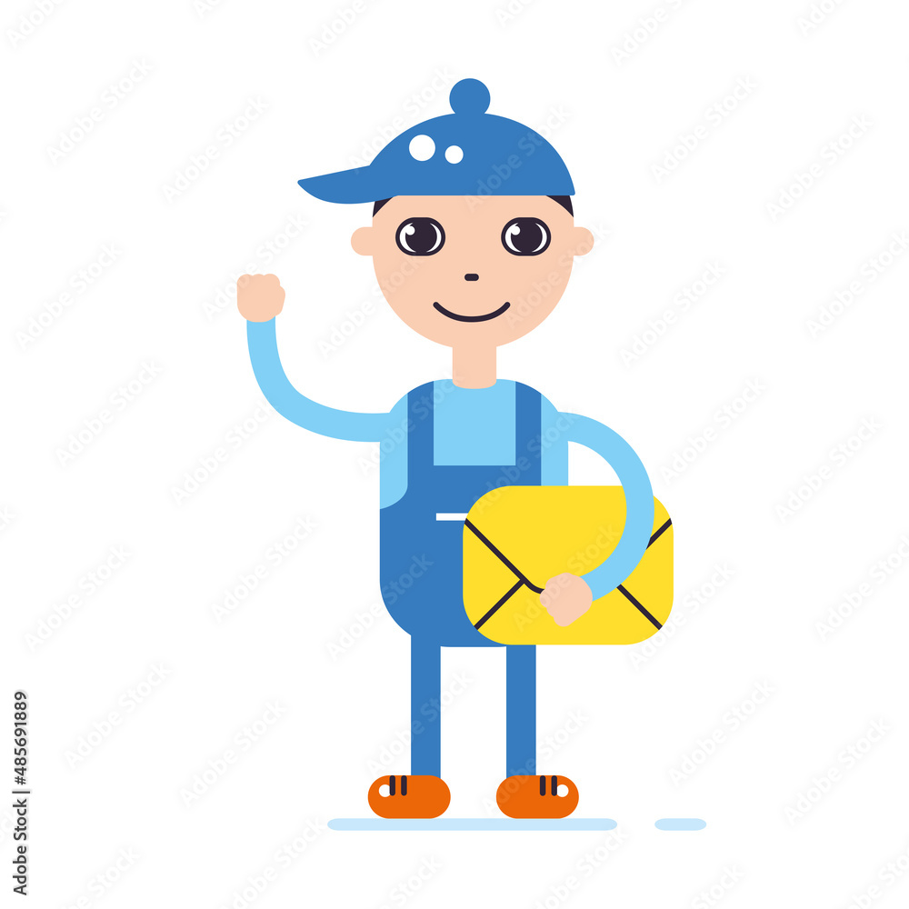 Express delivery service courier man holding yellow parcel box or envelope isolated flat vector illustration