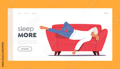 Afternoon Slump Landing Page Template. Laziness, Procrastination Postpone, Boredom and Sleepy Work, Character Sleeping