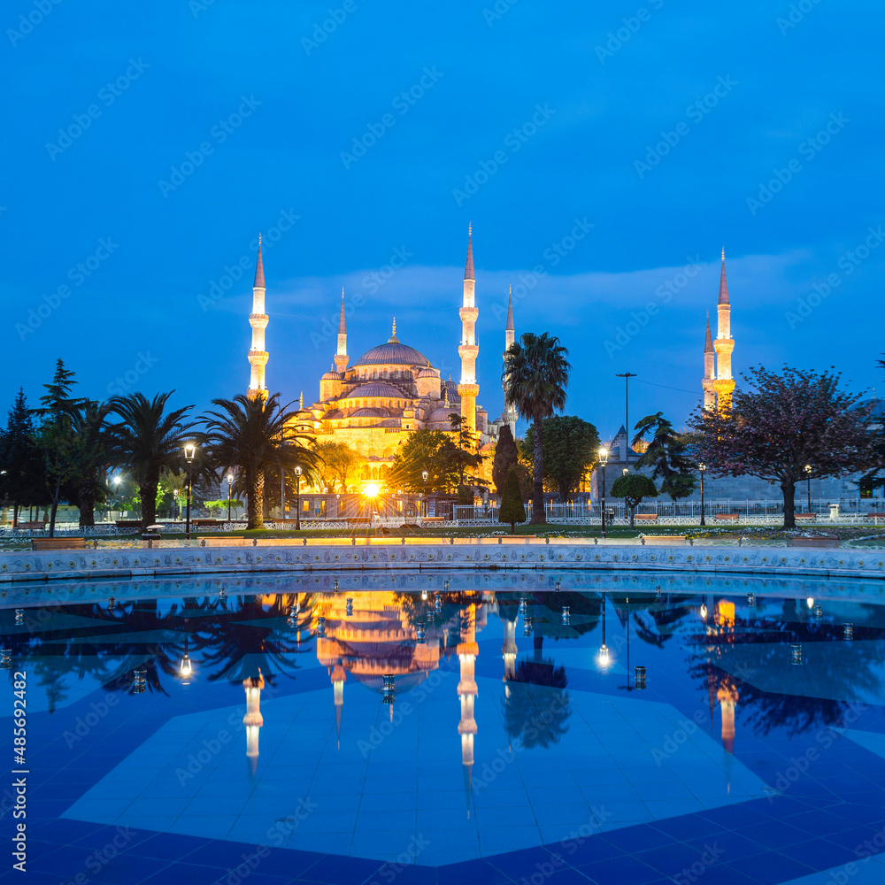 Blue Mosque reflection at night (Sultan Ahmed Mosque or Sultan Ahmet ...