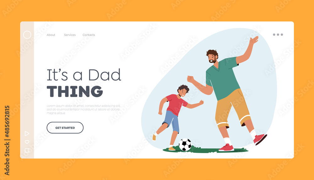 Family Recreation and Outdoor Activities Landing Page Template. Happy Characters Father and Son Playing Soccer