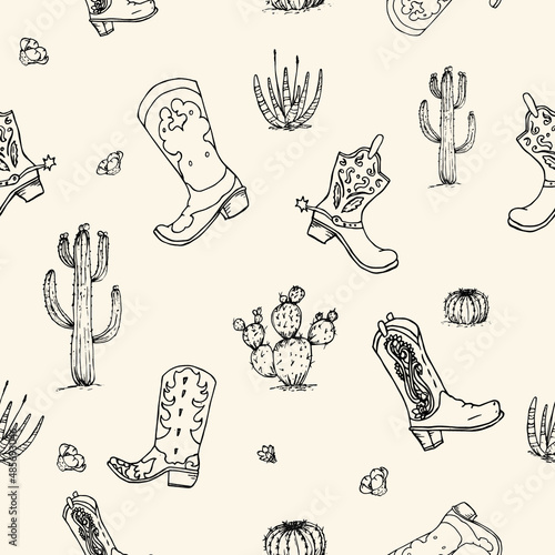 pattern, cacti and cowboy boots on a beige background 