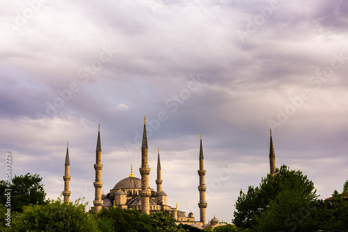 Blue Mosque (Sultan Ahmed Mosque) minarets at sunset, Istanbul, Turkey, Eastern Europe, background with copy space
