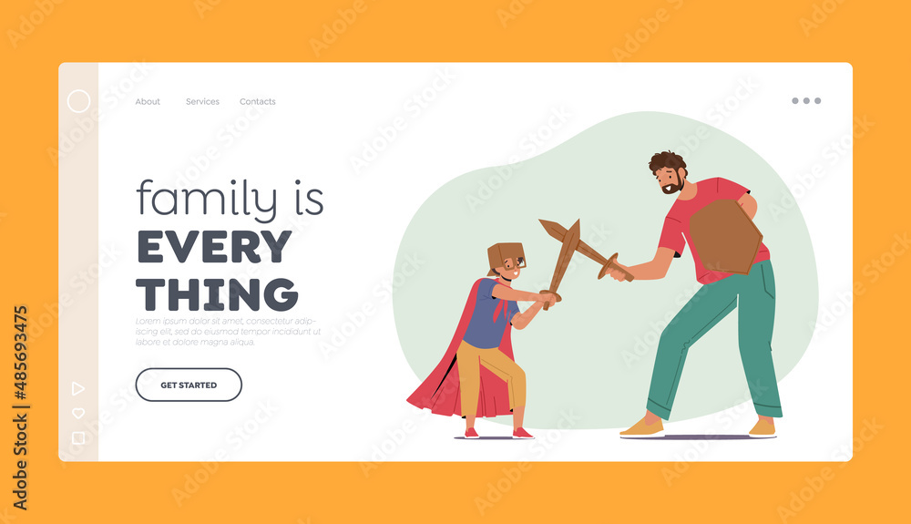 Dad and Boy Fooling Landing Page Template. Happy Family Characters Playing in Knights. Father and Son Fighting on Swords