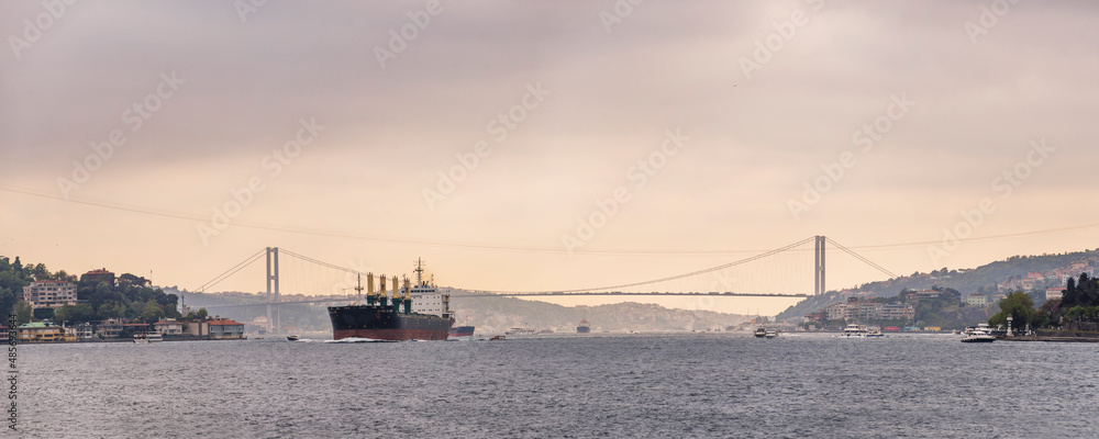 Large industrial container ship on the Bosphorus Strait between Europe and Asia, Istanbul, Turkey, Eastern Europe
