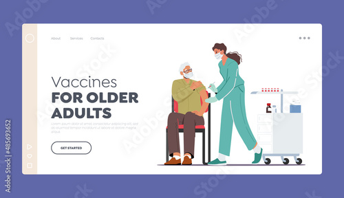 Vaccines for Older Adults Landing Page Template. Senior Male Character Apply Vaccine against Covid Infection