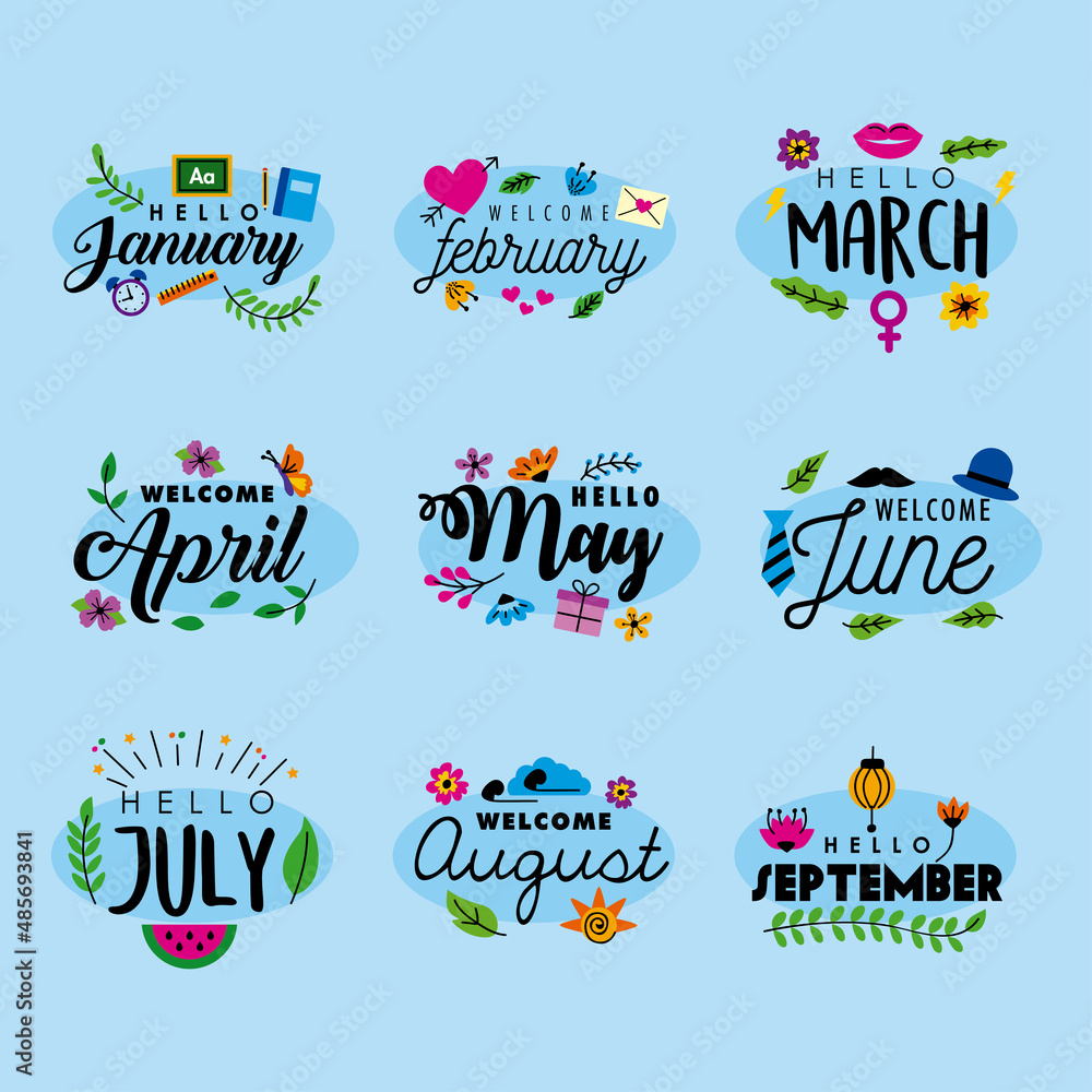 nine hello month letterings