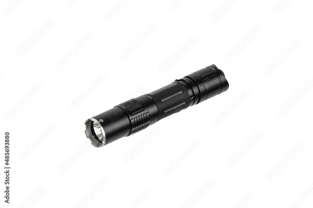 Modern metal LED flashlight. Portable lighting device. Isolate on a white back Modern metal LED flashlight. Portable lighting device. Isolate on a white back