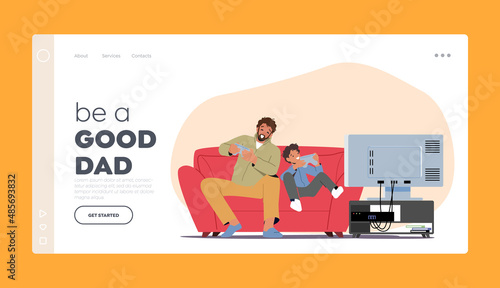 Family Entertainment Landing Page Template. Little Boy with Dad Playing Video Games. Happy Characters Sit front of Tv