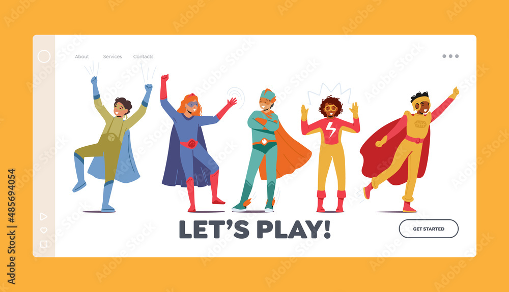 Lets Play Landing Page Template. Little Super Hero Kids Wearing Costumes, Mask and Cloak Having Fun and Playing Lets Play Landing Page Template. Little Super Hero Kids Wearing Costumes, Mask and Cloak Having Fun and Playing