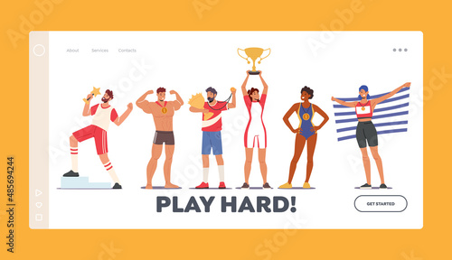 Win, Victory Landing Page Template. Sportsmen and Sportswomen Champions with Medals and Flag. Young Happy Characters