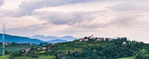 Vineyards in Goriska Brda, showing Chiesa di San Floriano del Collio and the hill top town of Gornje Cerovo, Goriska Brda, Slovenia, Europe