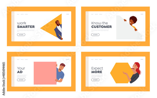 People Look Outside Landing Page Template Set. Curious Characters Peeking From Behind Wall with Geometric Shapes