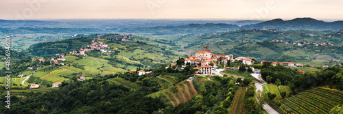 Smartno in the foreground and Kozana in the background surrounded by vineyards, Goriska Brda (Gorizia Hills), in Brda, the wine region of Slovenia, Europe