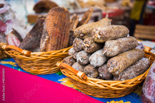 Dried meats in Tartini Square Market, Piran, Slovenian Istria, Slovenia, Europe photo