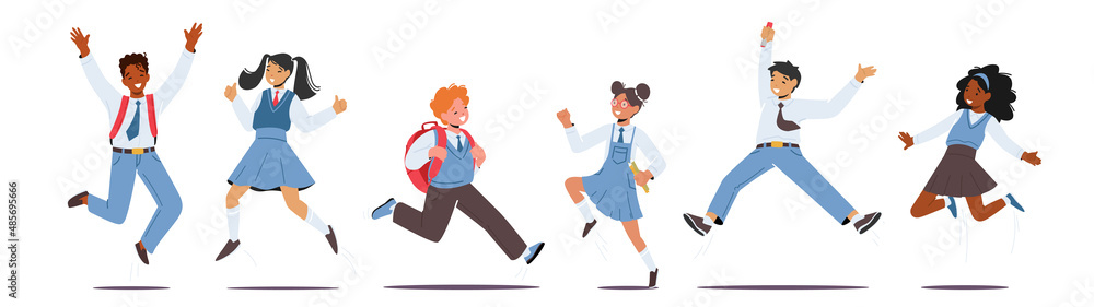 Set Happy Kids in School Uniform with Backpacks Jumping. Schoolboys and Schoolgirls Characters Laughing, Waving Hands Set Happy Kids in School Uniform with Backpacks Jumping. Schoolboys and Schoolgirls Characters Laughing, Waving Hands