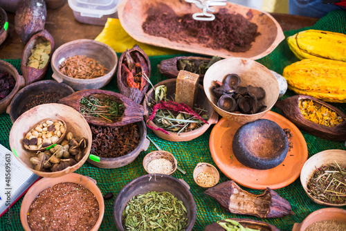 Chocolate ingredients in a chocolate factory on La Ronda street, Ecuador, South America