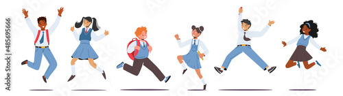 Set Happy Kids in School Uniform with Backpacks Jumping. Schoolboys and Schoolgirls Characters Laughing, Waving Hands