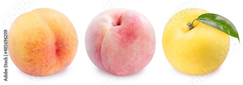 Orange Yellow and Pink Peach fruit on white background, Three colours of Fresh Peach isolated on White With clipping path. 