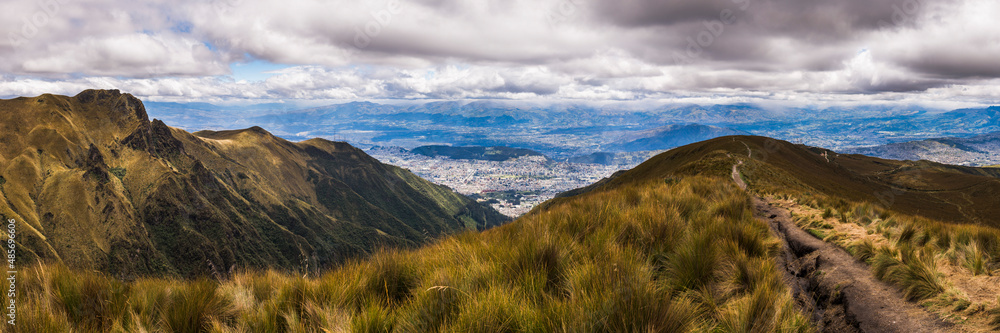 Fototapeta premium Path at the start of Pichincha Volcano with Quito in the background, Pichincha Province, Ecuador, South America