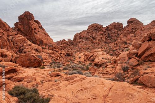 Overton, Nevada, USA - February 25, 2010: Valley of Fire. Wide landscape with range of red rocks and circular patterns on desert floor rock under gray cloudscape. Green bushes dispersed.