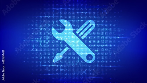 Technical support icon made with binary code. Customer help. Online tech support. Customer service, Business and technology concept. Digital matrix background with digits 1.0. Vector Illustration.