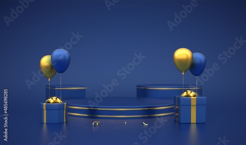 Blue round and cube podium. Scene, 3D platform with gold circle on blue background. Blank advertising pedestal with gift boxes with golden bows and festive helium balloons. Vector illustration.