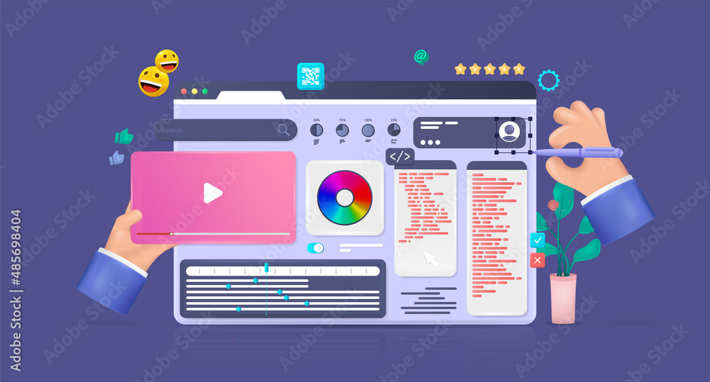 Web development design UI, UX, App, Website, Dashboard. 3D cartoon illustration with UI elements, graphic design, visualization and customization with coding. Web design and software development Web development design UI, UX, App, Website, Dashboard. 3D cartoon illustration with UI elements, graphic design, visualization and customization with coding. Web design and software development